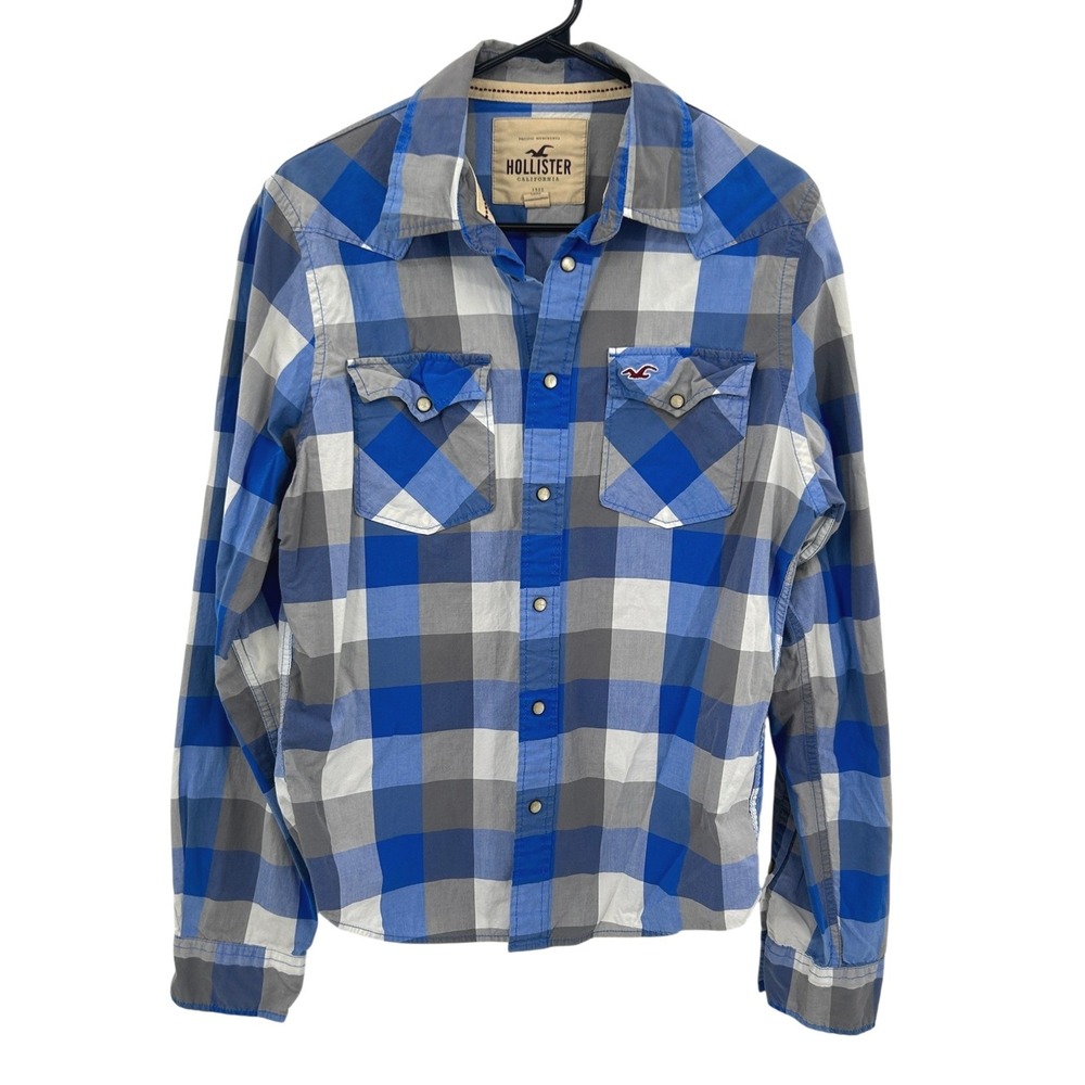 Hollister Western Pearl Snap Plaid Shirtโ Large Blue Gray Indie Sleaze Americana